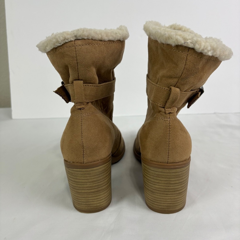 American Eagle Women's 8 Tan Suede Faux Fur Lined Heeled Ankle Boots Cozy Winter - Picture 4 of 11